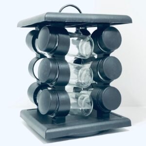 Juego de tarros de especias de vidrio con shaker y tapa de acero inoxidable y soporte de metal