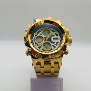 Reloj analógico-digital con correa de metal dorado