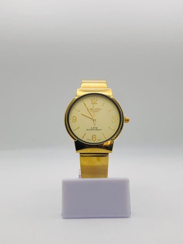 Reloj de pulsera dorado de la marca Salco con correa metálica a juego