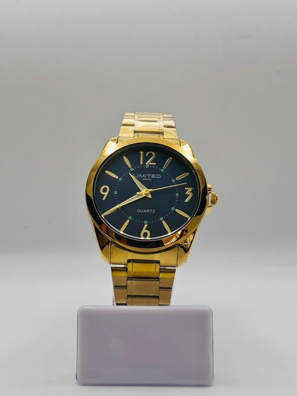 Reloj dorado con esfera negra de la marca Salco.