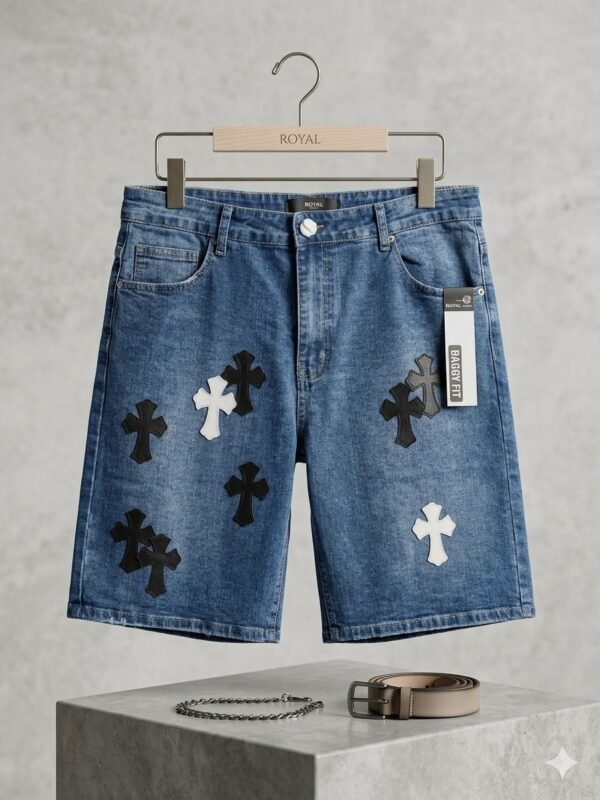Pantalón corto de mezclilla para hombre con diseño de cruces de color