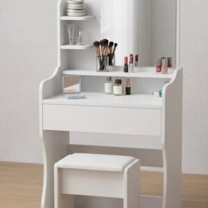 Mesa tocador de dormitorio con taburete, juego de tocador compacto con espejo