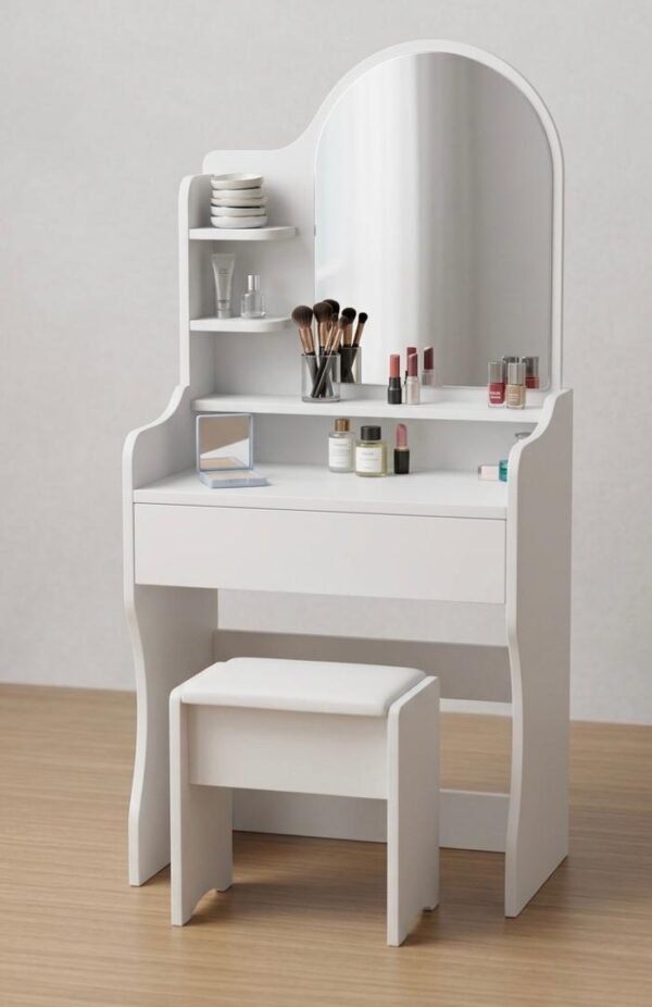 Mesa tocador de dormitorio con taburete, juego de tocador compacto con espejo