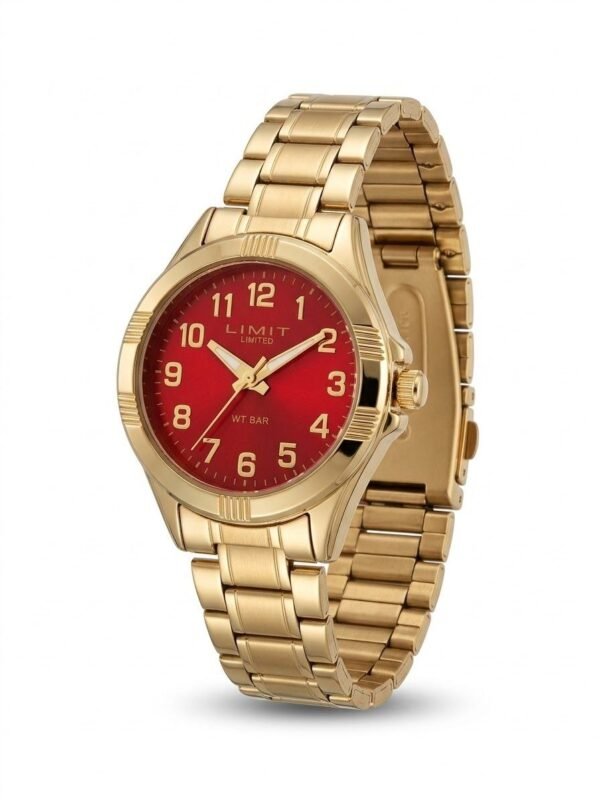 Reloj Limit Limited con esfera roja y correa dorada